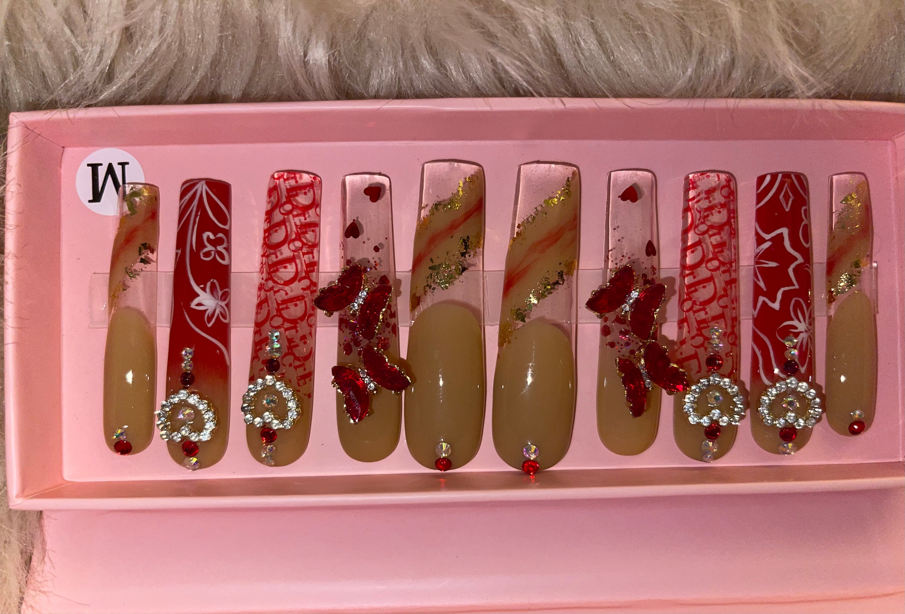 Red Dior Coffin Press-on Nails