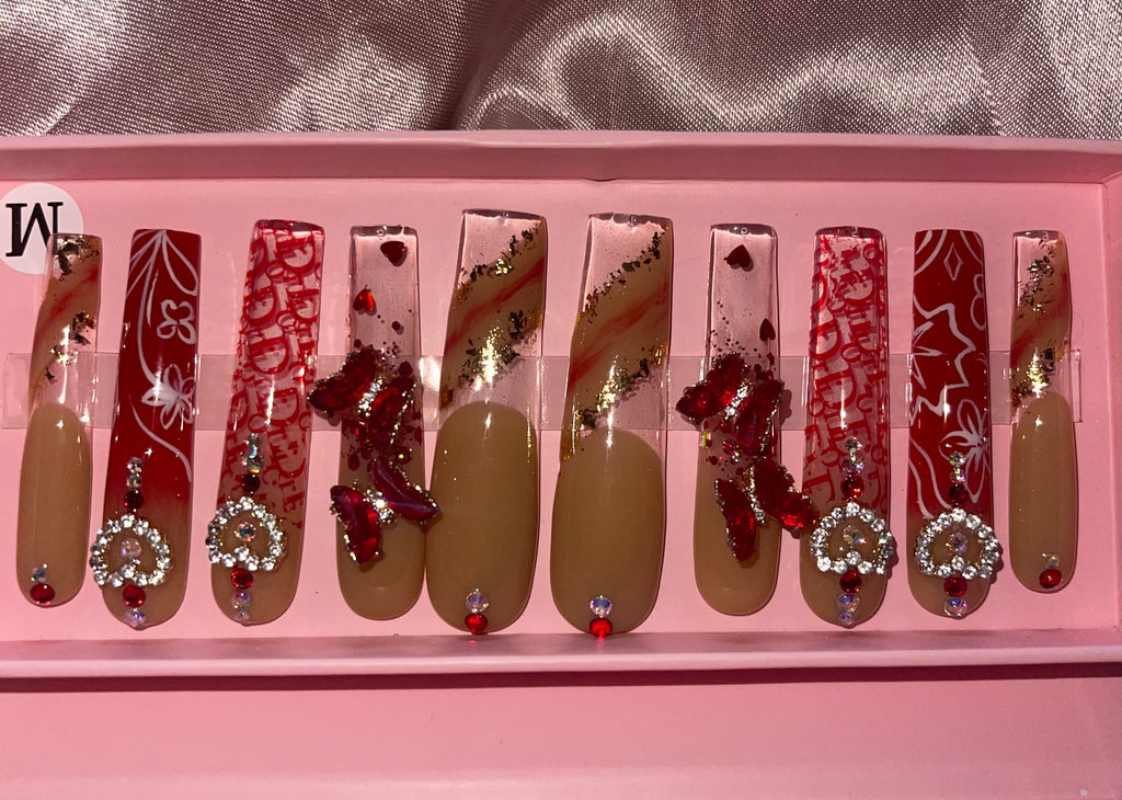 Red Dior Coffin Press-on Nails