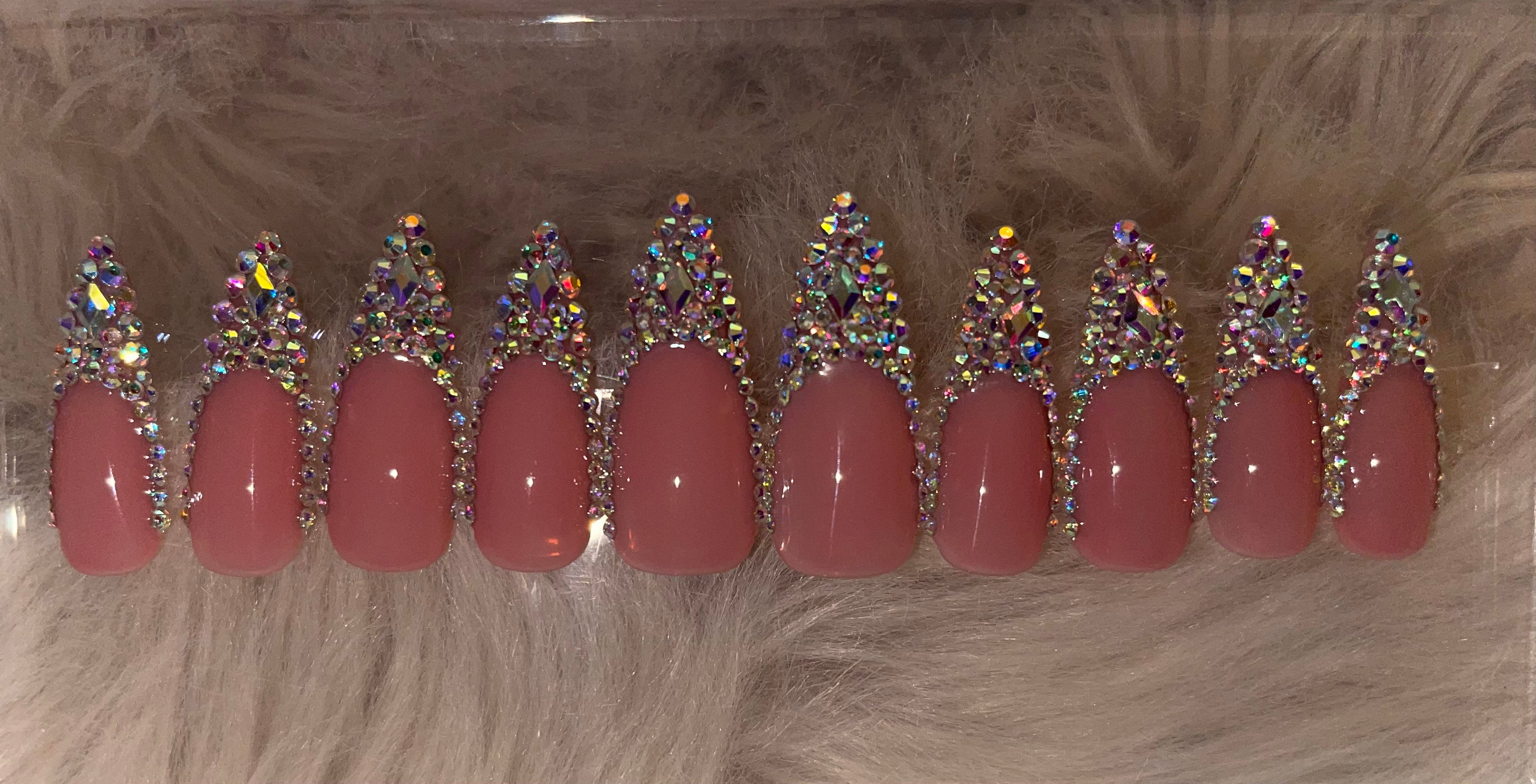 AB Rhinestone Stiletto French Tip Press-on Nails